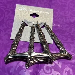 New Fashion Jewelry 2.5” Open Trapezium Bamboo Silver Tone Earrings